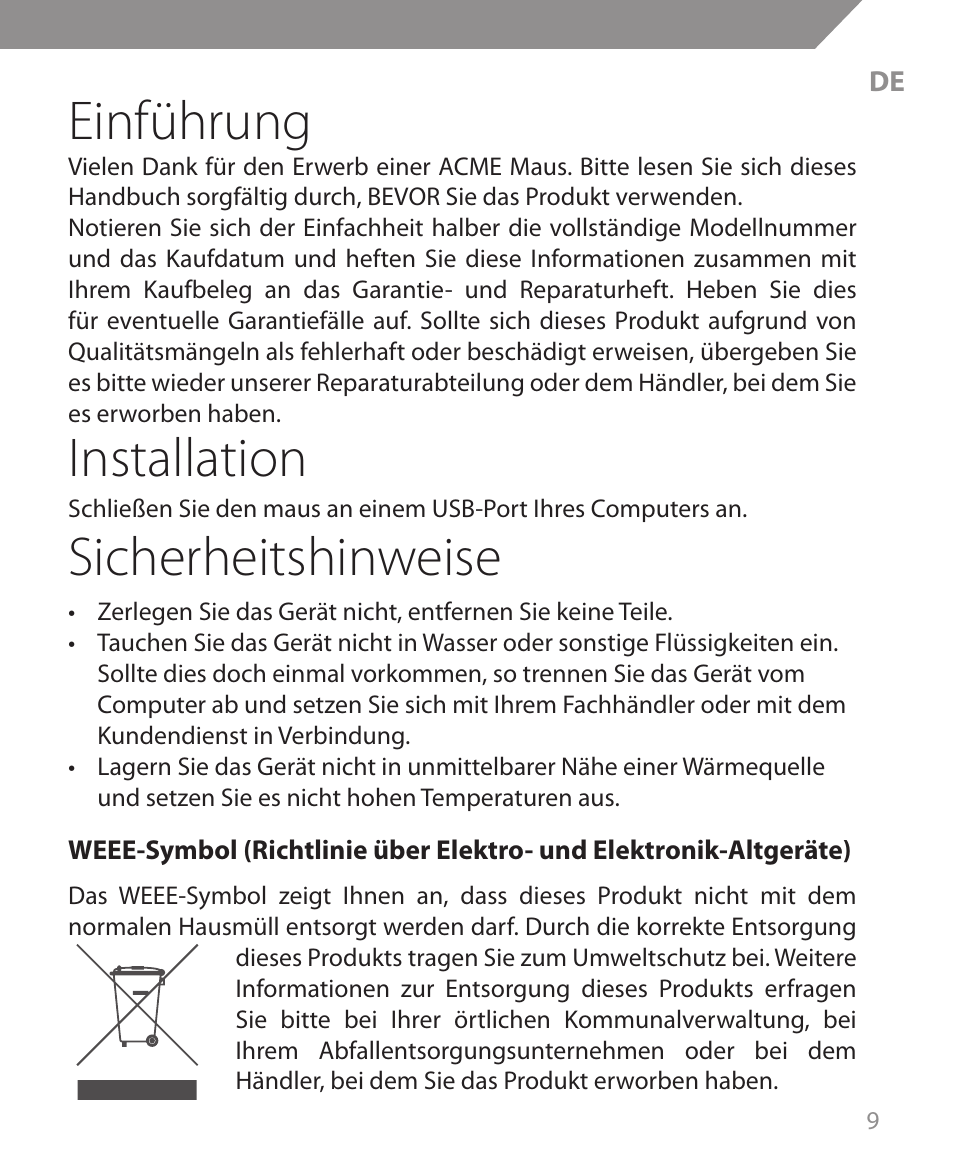 Einführung, Installation, Sicherheitshinweise | Acme MS09 User Manual | Page 9 / 30