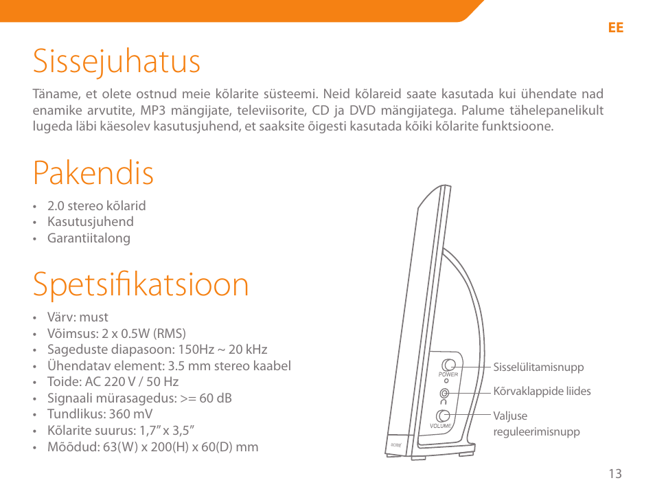 Sissejuhatus, Pakendis, Spetsifikatsioon | Acme NI-51 User Manual | Page 13 / 52