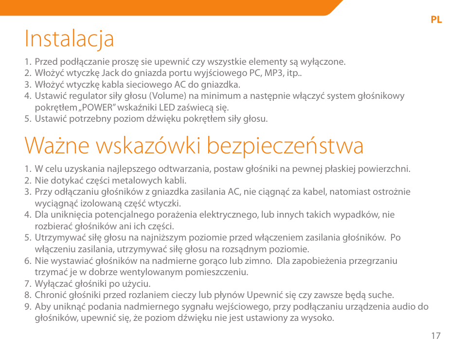 Instalacja, Ważne wskazówki bezpieczeństwa | Acme NI-51 User Manual | Page 17 / 52