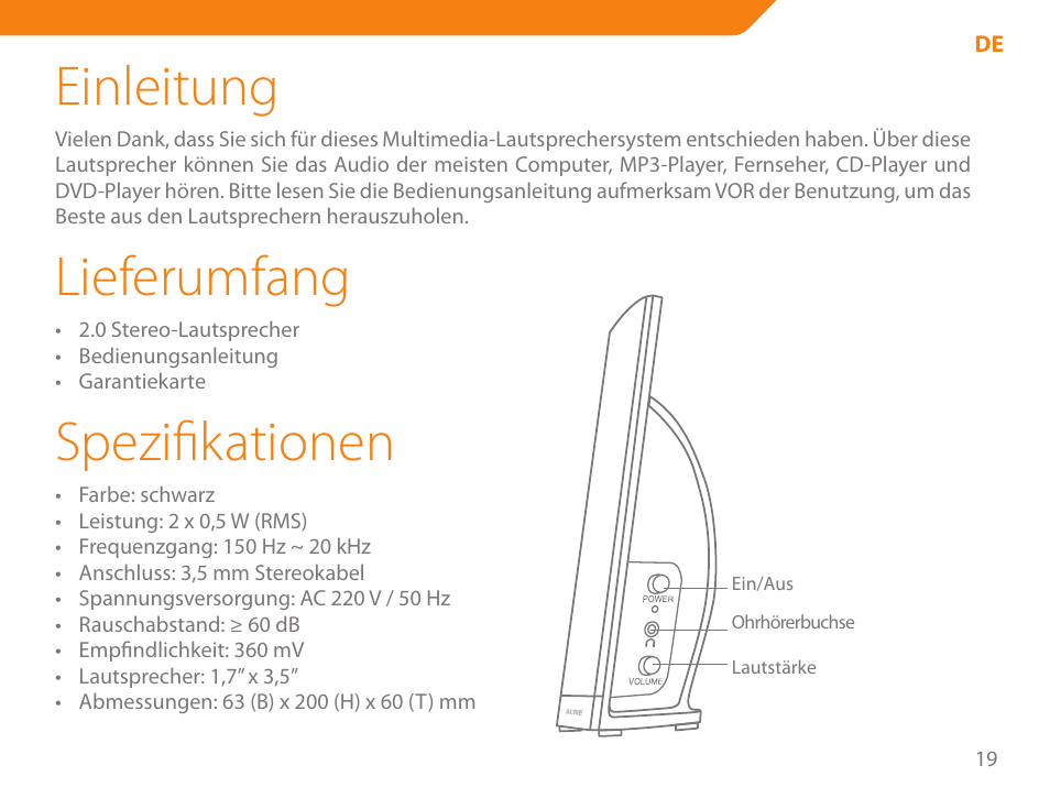 Einleitung, Lieferumfang, Spezifikationen | Acme NI-51 User Manual | Page 19 / 52