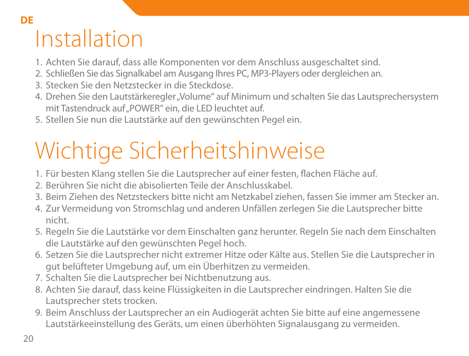 Installation, Wichtige sicherheitshinweise | Acme NI-51 User Manual | Page 20 / 52