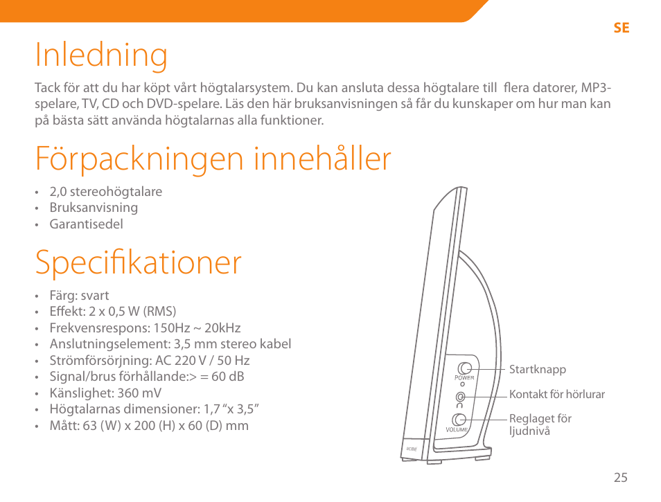 Inledning, Förpackningen innehåller, Specifikationer | Acme NI-51 User Manual | Page 25 / 52