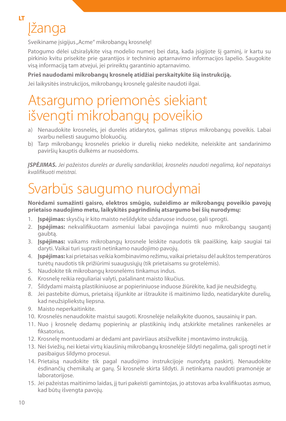 Įžanga, Svarbūs saugumo nurodymai | Acme WE100 User Manual | Page 10 / 90