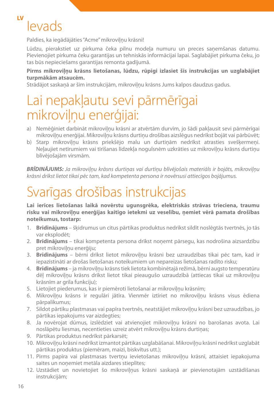 Ievads, Svarīgas drošības instrukcijas | Acme WE100 User Manual | Page 16 / 90