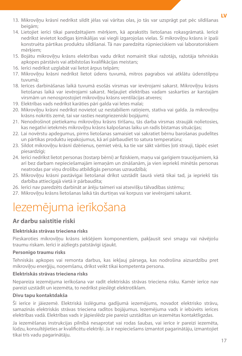 Iezemējuma ierīkošana, Ar darbu saistītie riski | Acme WE100 User Manual | Page 17 / 90