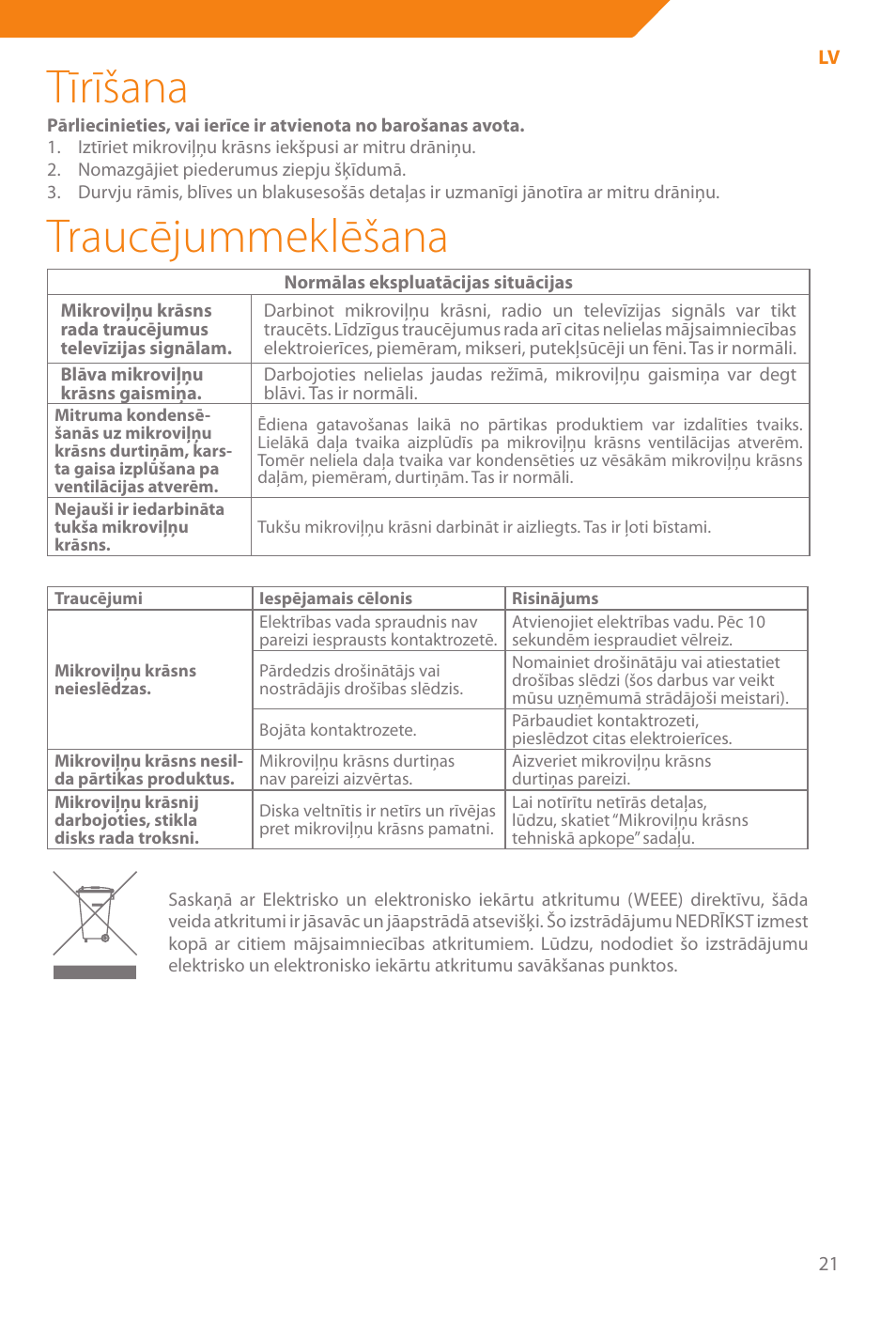 Tīrīšana, Traucējummeklēšana | Acme WE100 User Manual | Page 21 / 90