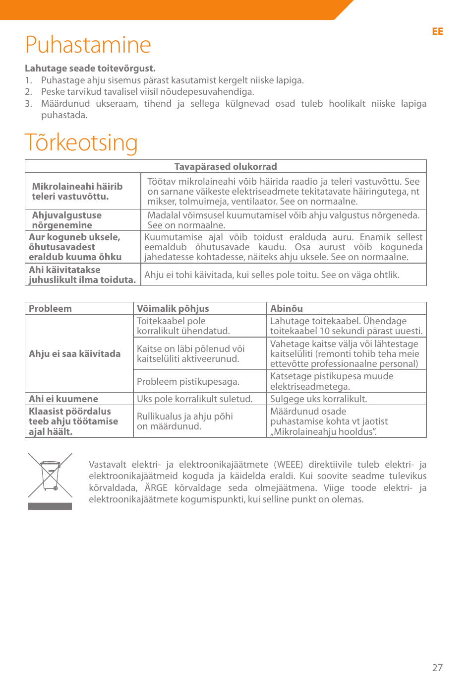 Puhastamine, Tõrkeotsing | Acme WE100 User Manual | Page 27 / 90