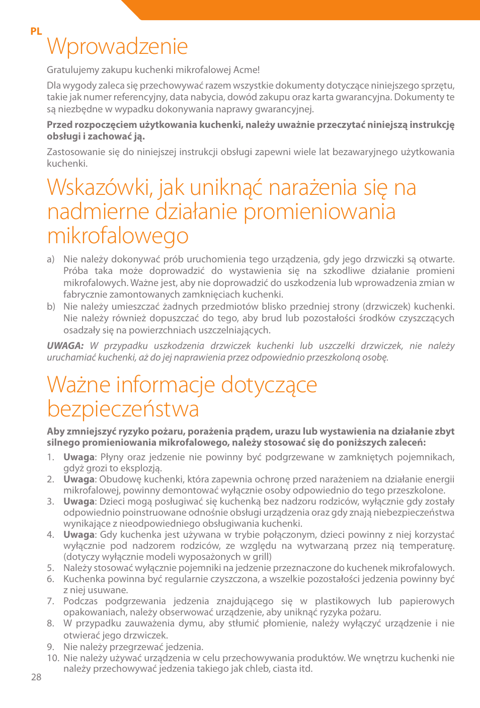 Wprowadzenie, Ważne informacje dotyczące bezpieczeństwa | Acme WE100 User Manual | Page 28 / 90