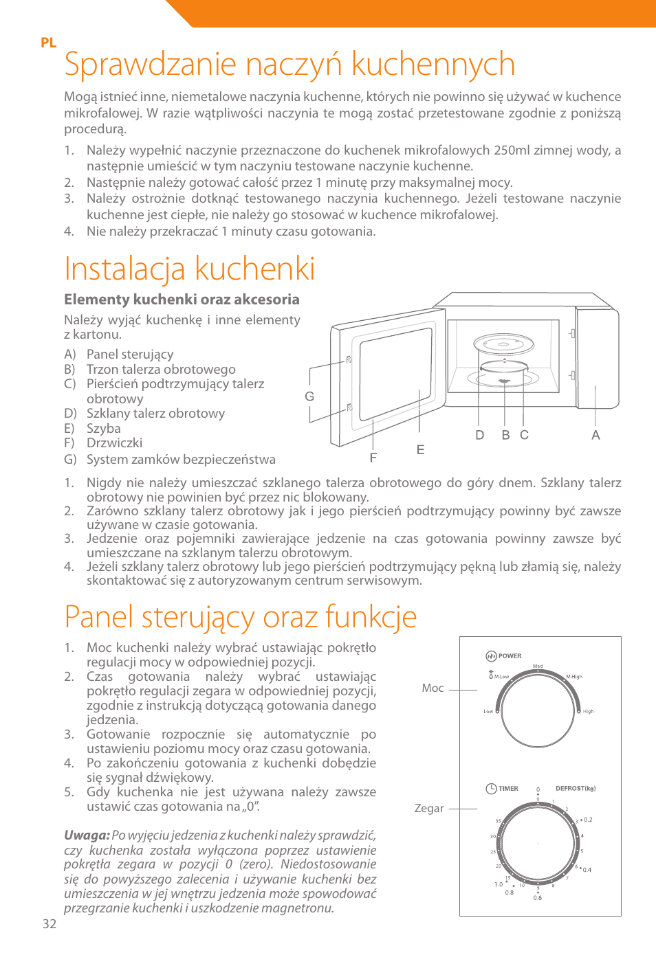 Sprawdzanie naczyń kuchennych, Instalacja kuchenki, Panel sterujący oraz funkcje | Acme WE100 User Manual | Page 32 / 90