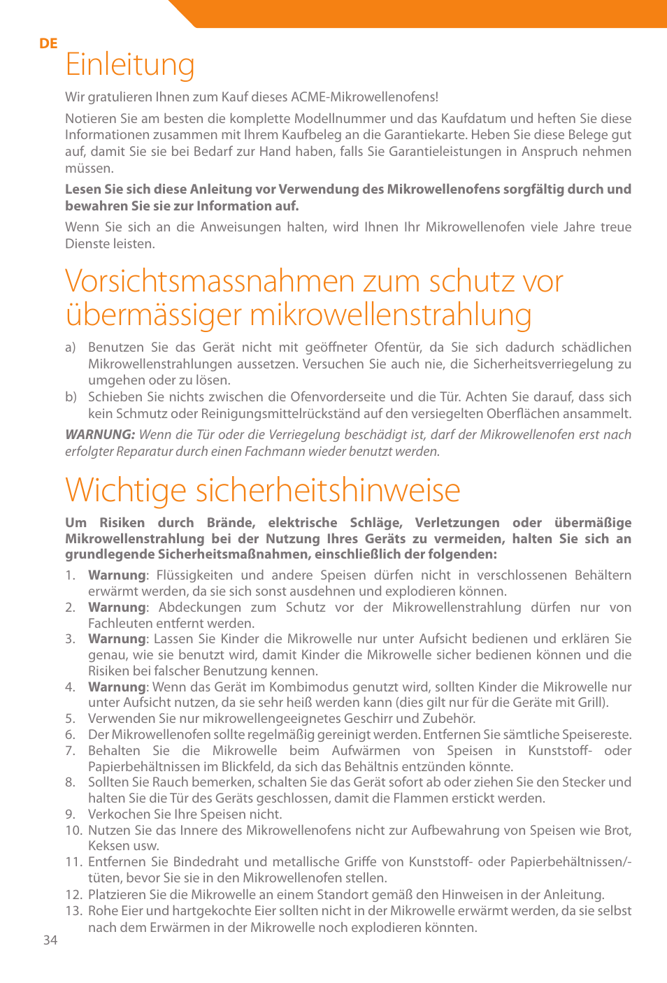 Wichtige sicherheitshinweise, Einleitung | Acme WE100 User Manual | Page 34 / 90