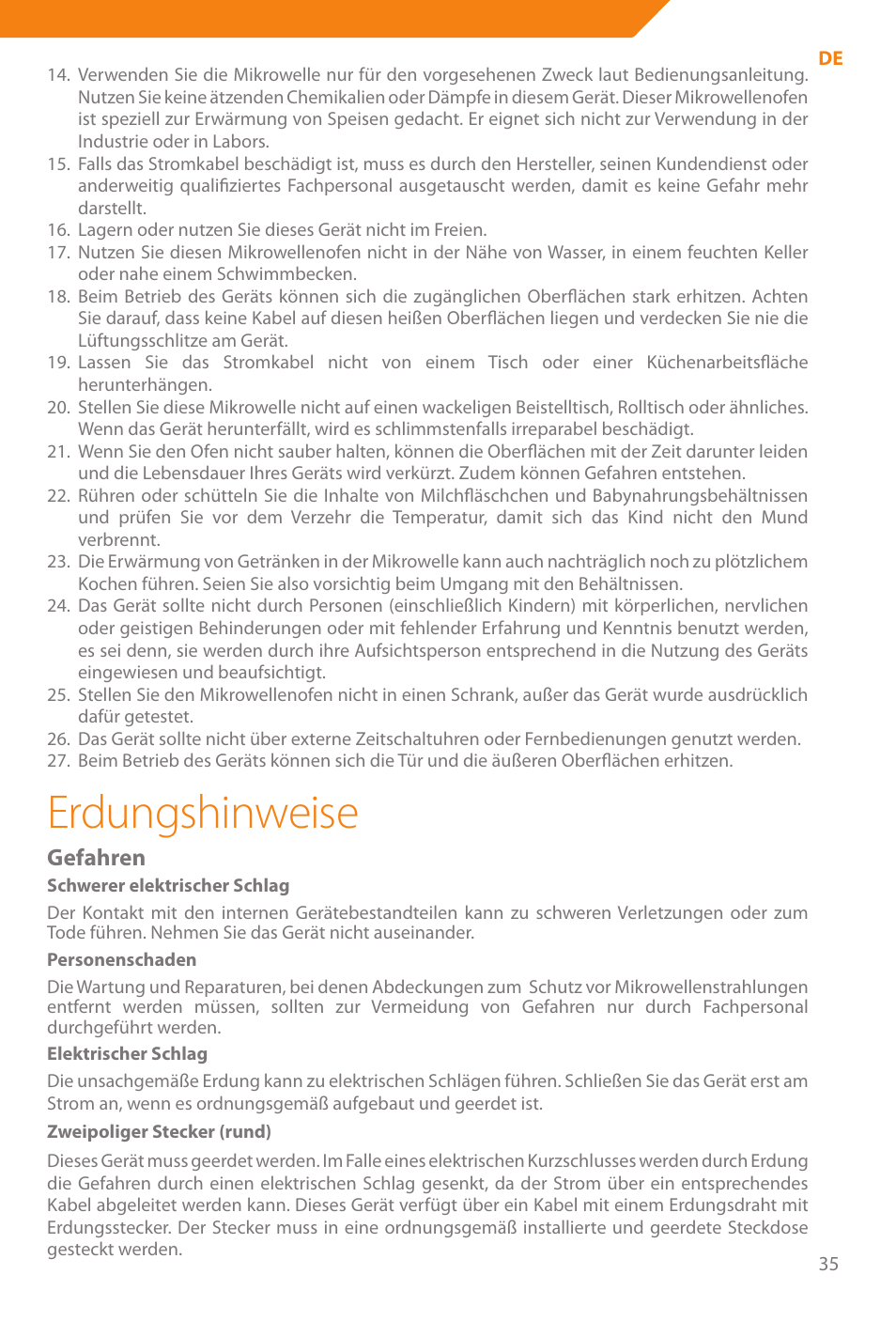 Erdungshinweise, Gefahren | Acme WE100 User Manual | Page 35 / 90