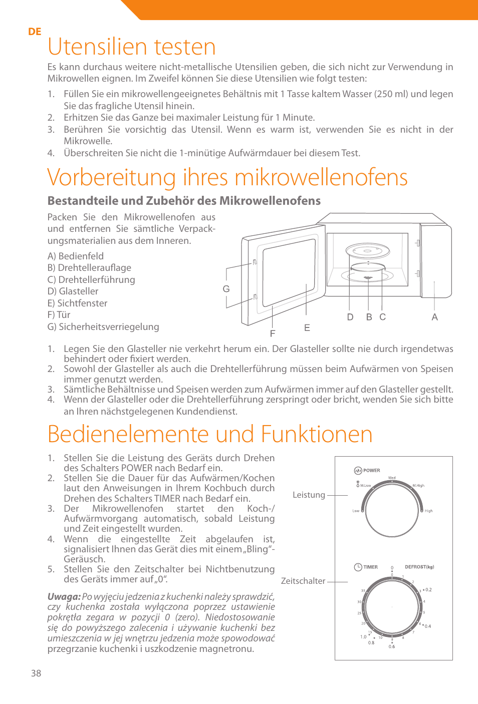 Utensilien testen, Vorbereitung ihres mikrowellenofens, Bedienelemente und funktionen | Acme WE100 User Manual | Page 38 / 90