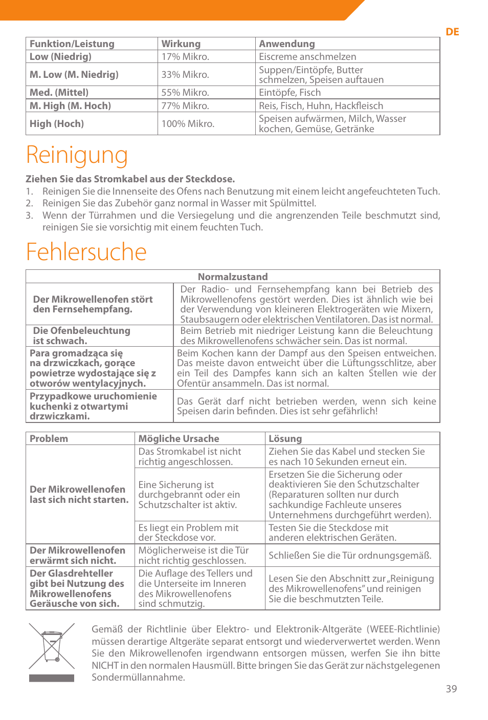 Reinigung, Fehlersuche | Acme WE100 User Manual | Page 39 / 90