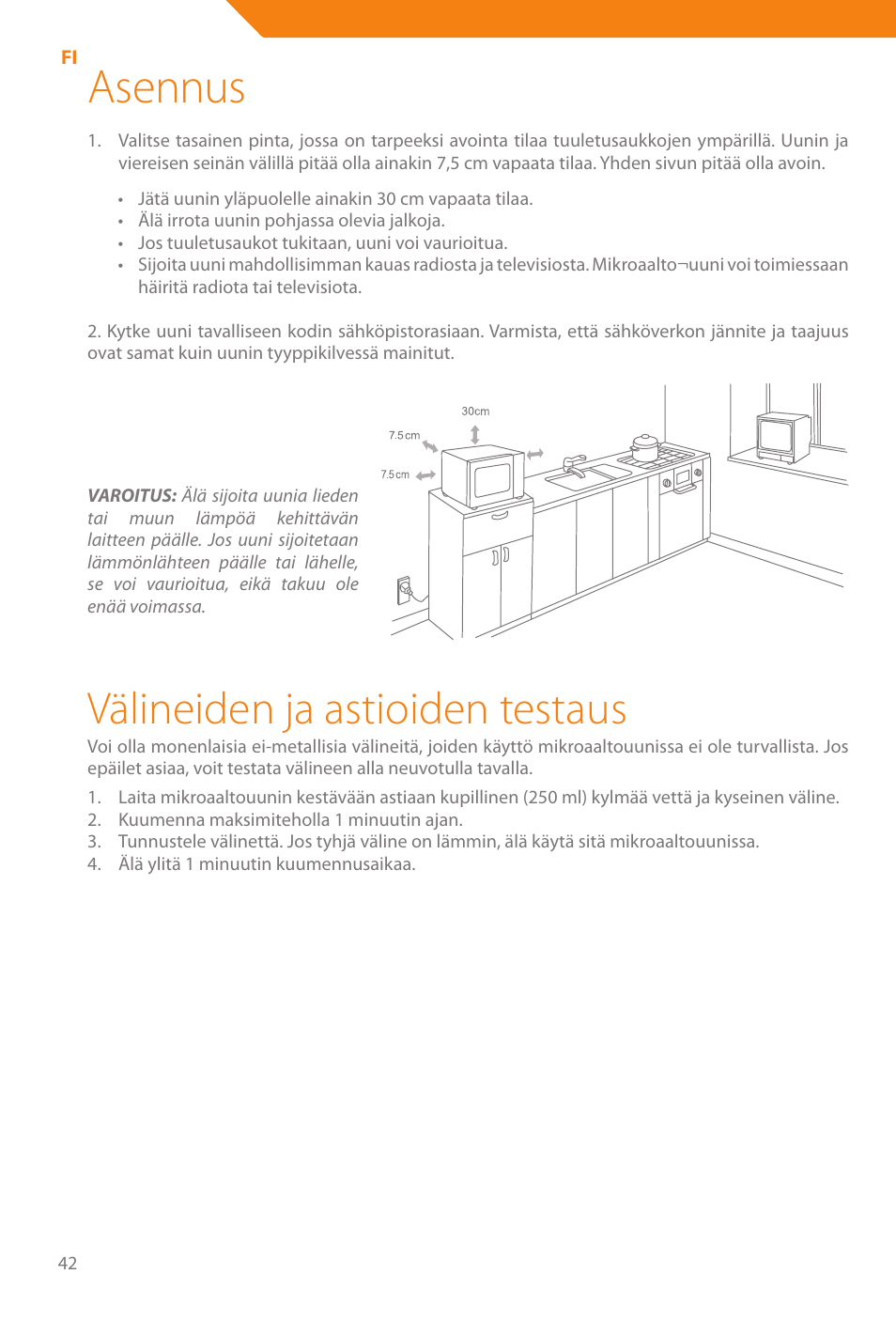 Asennus, Välineiden ja astioiden testaus | Acme WE100 User Manual | Page 42 / 90