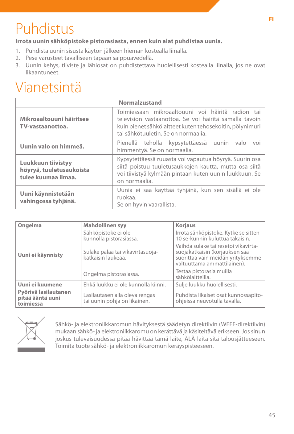 Puhdistus, Vianetsintä | Acme WE100 User Manual | Page 45 / 90