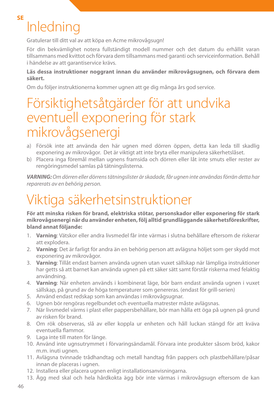 Inledning, Viktiga säkerhetsinstruktioner | Acme WE100 User Manual | Page 46 / 90