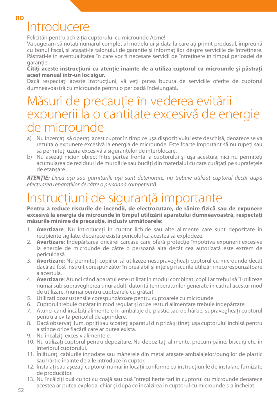 Introducere, Instrucţiuni de siguranţă importante | Acme WE100 User Manual | Page 52 / 90