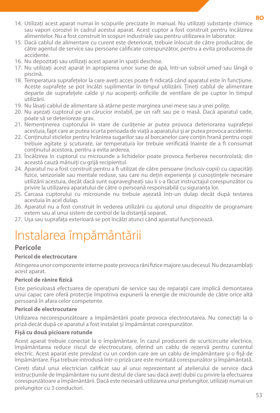 Instalarea împământării, Pericole | Acme WE100 User Manual | Page 53 / 90