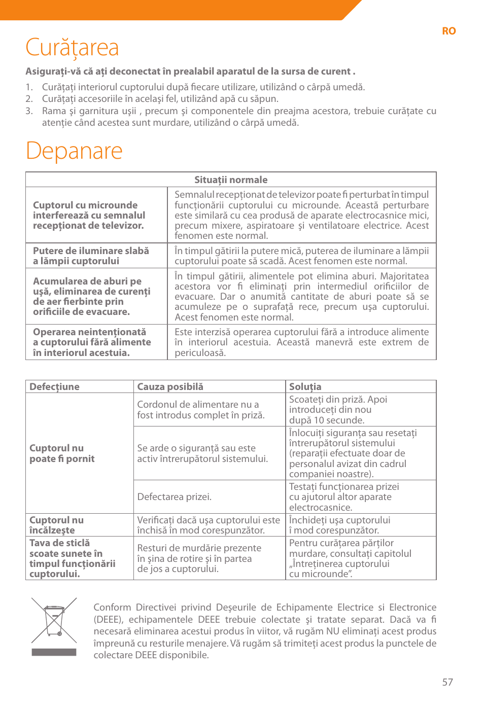 Curăţarea, Depanare | Acme WE100 User Manual | Page 57 / 90