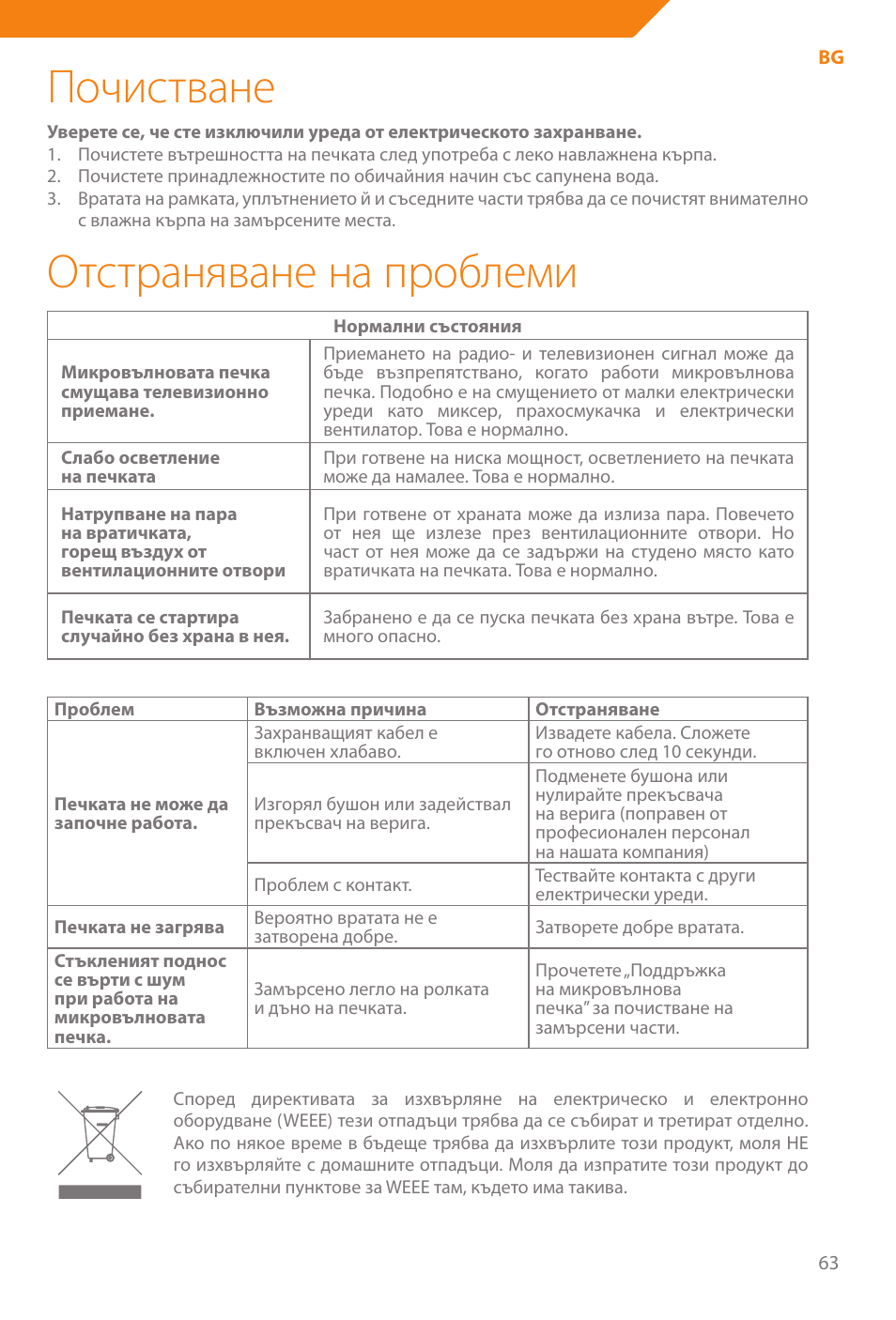 Почистване, Отстраняване на проблеми | Acme WE100 User Manual | Page 63 / 90