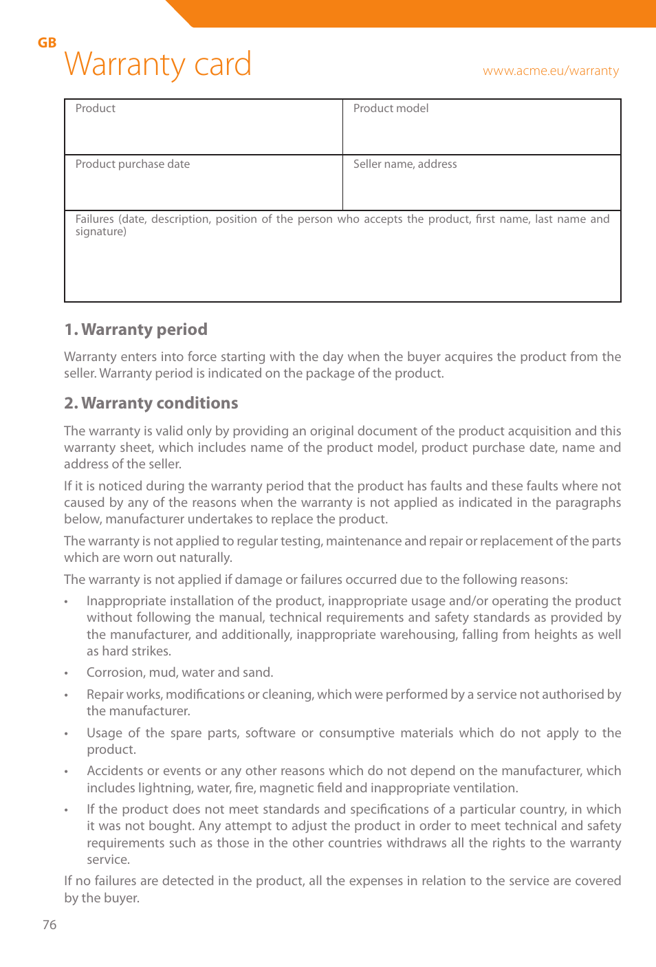 Warranty card, Warranty period, Warranty conditions | Acme WE100 User Manual | Page 76 / 90