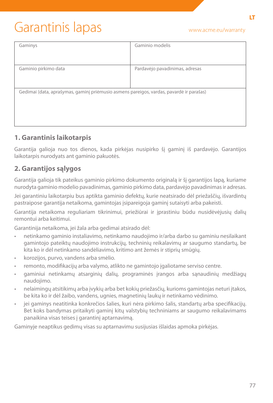 Garantinis lapas, Garantinis laikotarpis, Garantijos sąlygos | Acme WE100 User Manual | Page 77 / 90