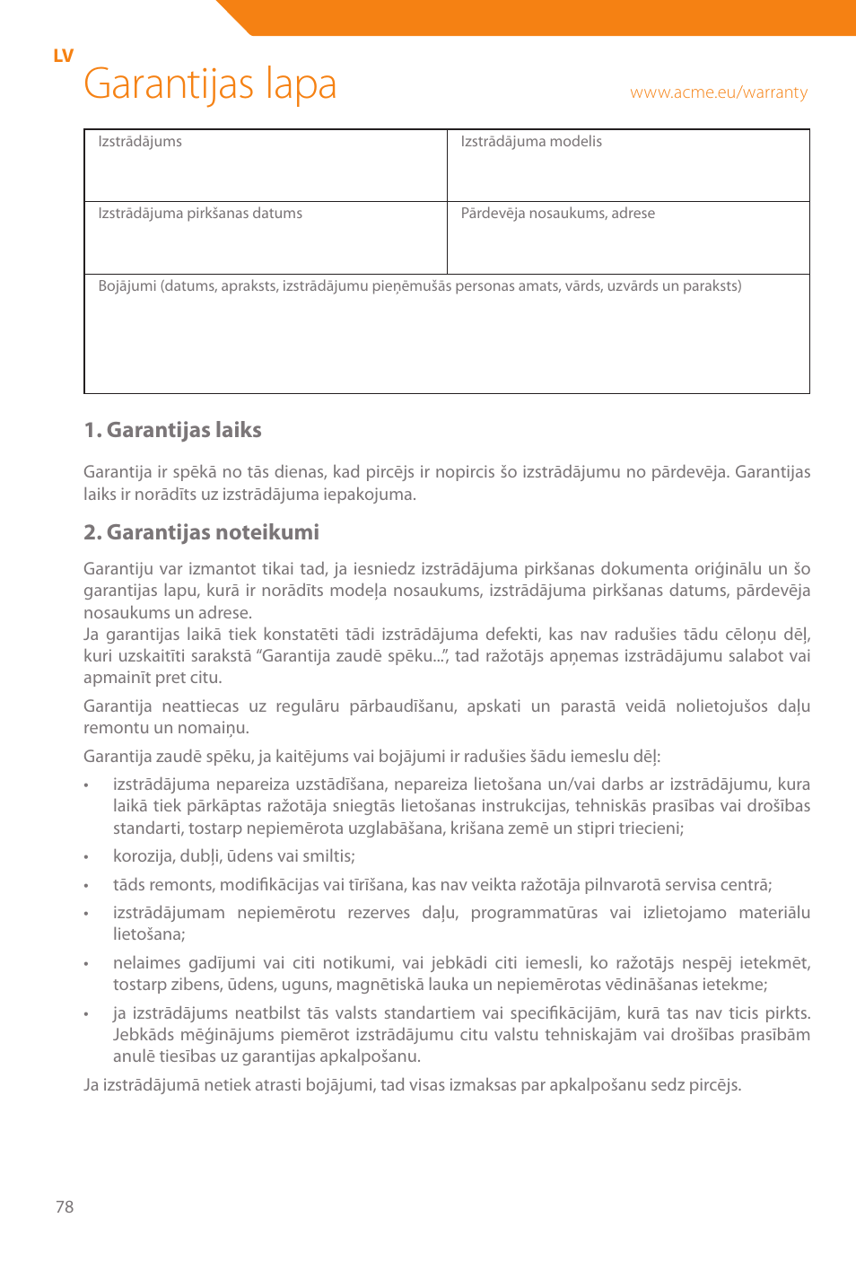 Garantijas lapa, Garantijas laiks | Acme WE100 User Manual | Page 78 / 90