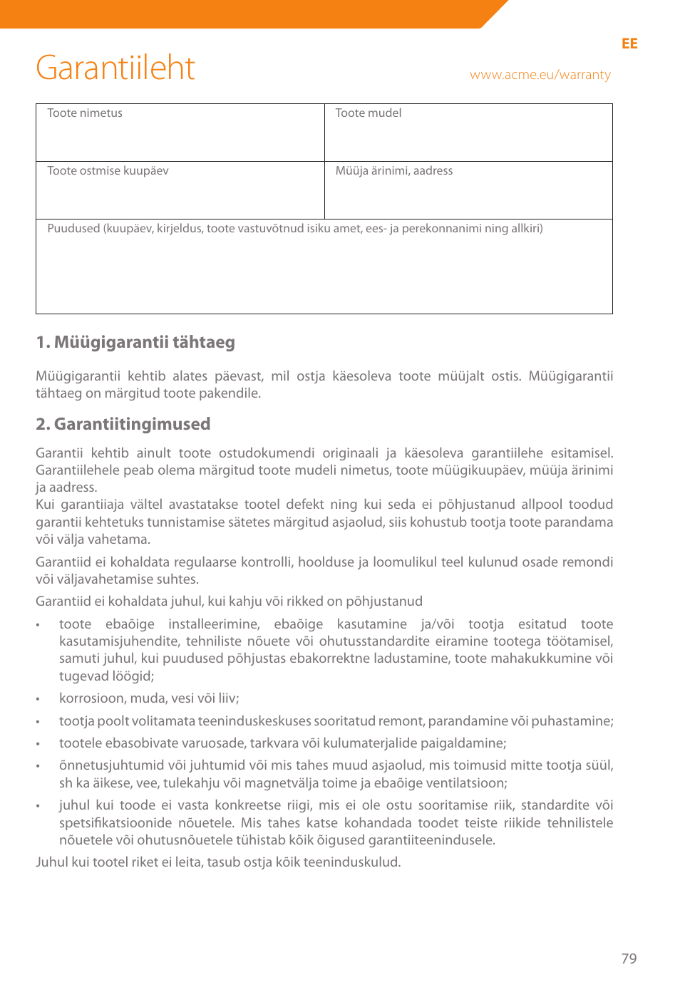 Garantiileht, Müügigarantii tähtaeg, Garantiitingimused | Acme WE100 User Manual | Page 79 / 90