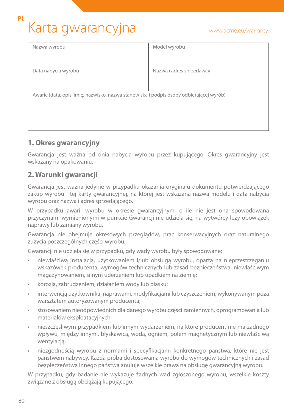 Karta gwarancyjna, Okres gwarancyjny, Warunki gwarancji | Acme WE100 User Manual | Page 80 / 90