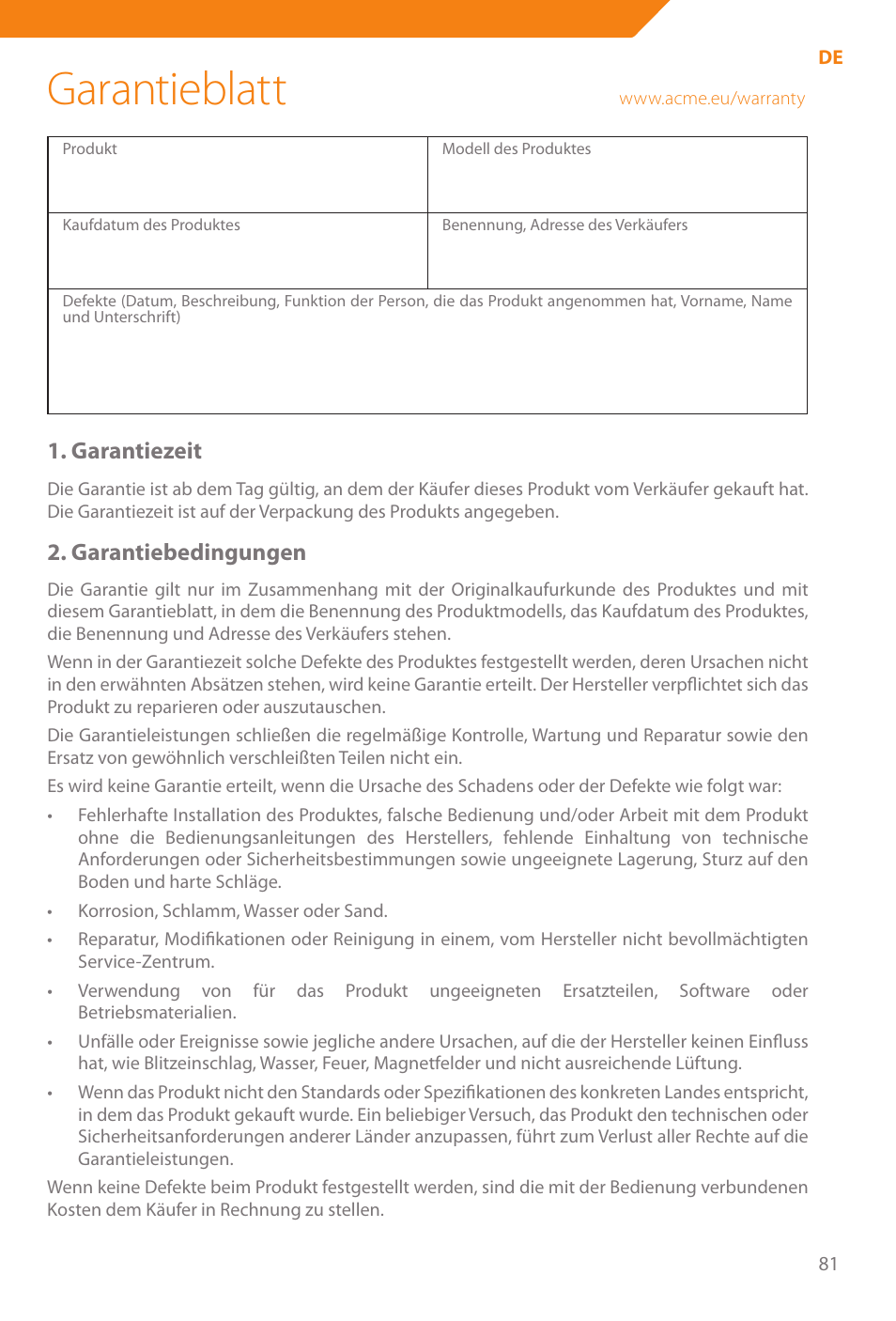 Garantieblatt, Garantiezeit, Garantiebedingungen | Acme WE100 User Manual | Page 81 / 90