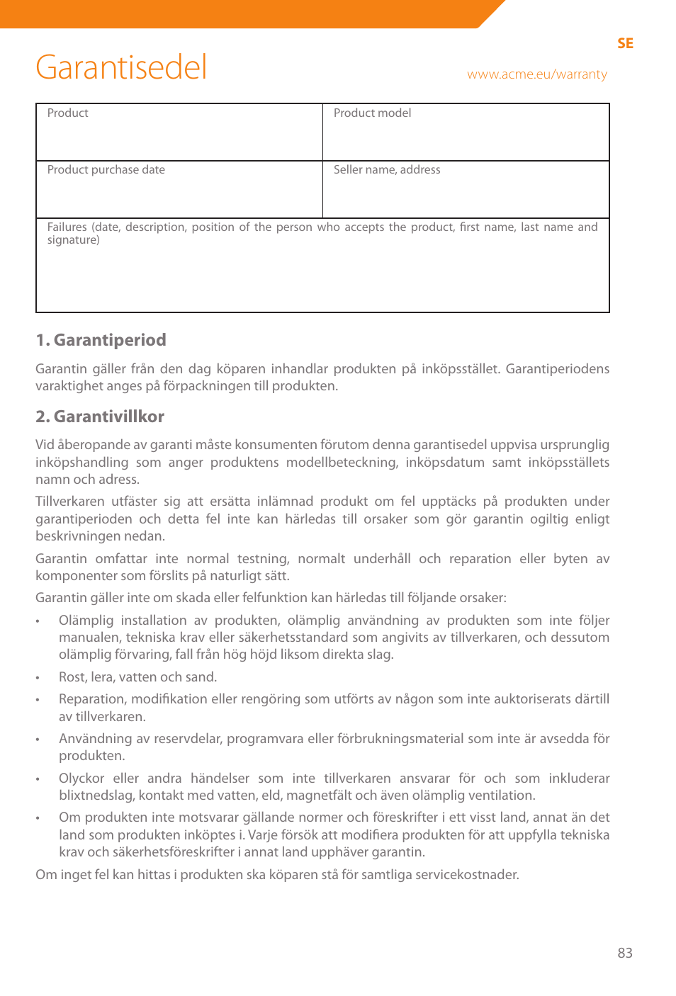 Garantisedel, Garantiperiod, Garantivillkor | Acme WE100 User Manual | Page 83 / 90