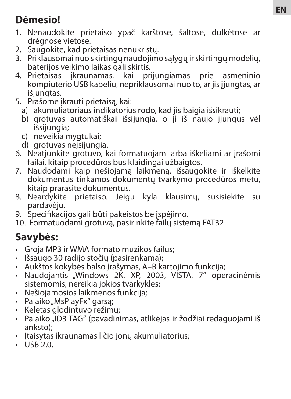 Dėmesio, Savybės | Acme V-130 User Manual | Page 11 / 88