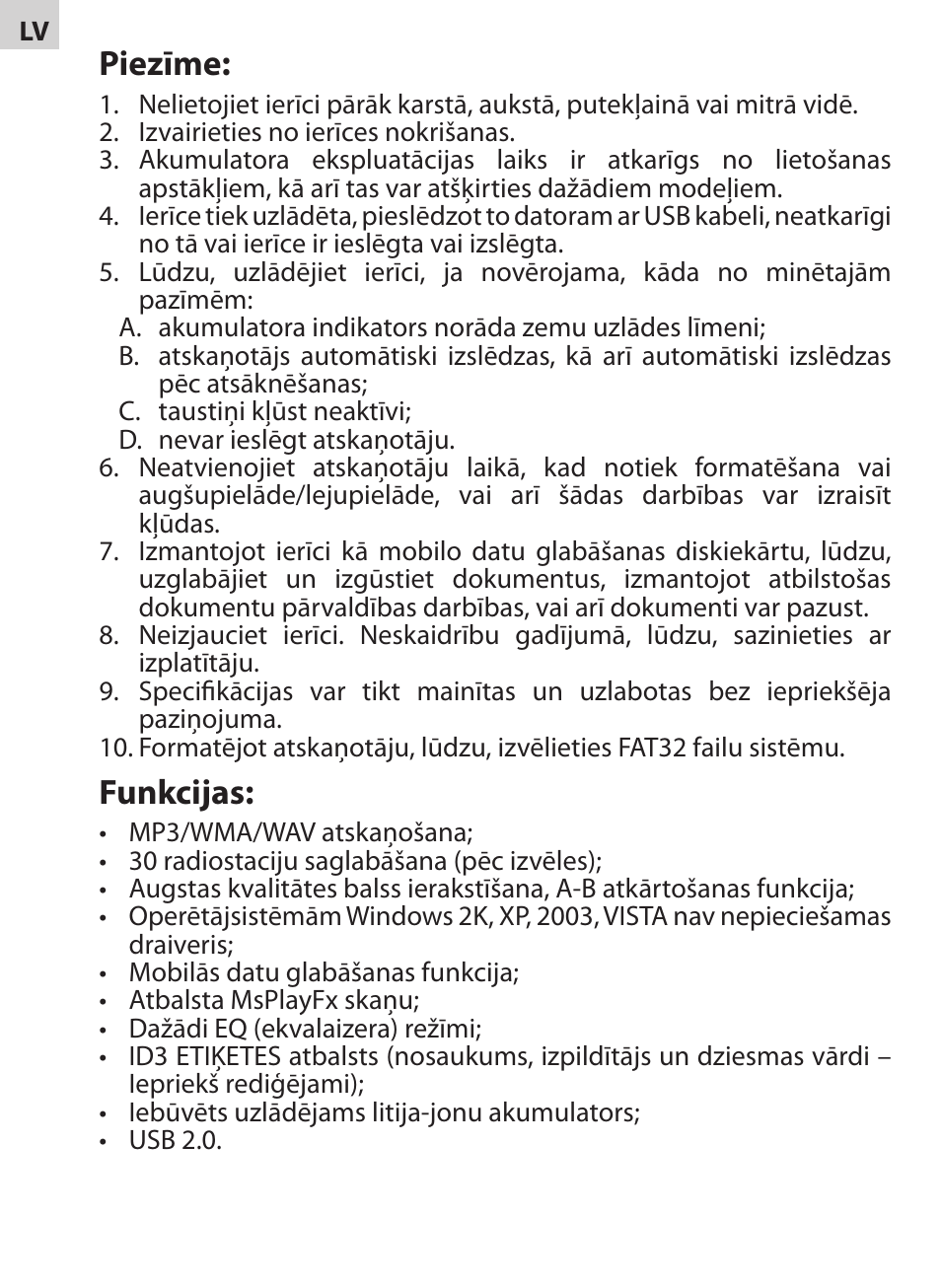 Piezīme, Funkcijas | Acme V-130 User Manual | Page 20 / 88