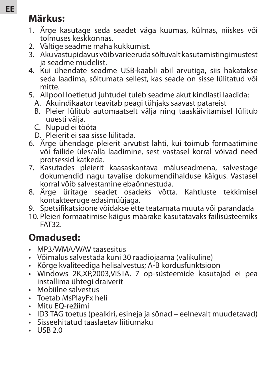 Märkus, Omadused | Acme V-130 User Manual | Page 30 / 88
