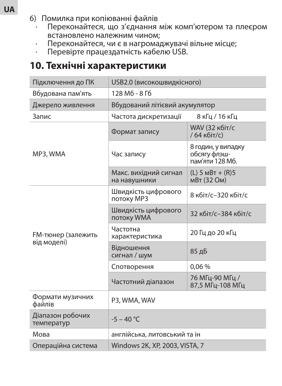 Технічні характеристики | Acme V-130 User Manual | Page 58 / 88
