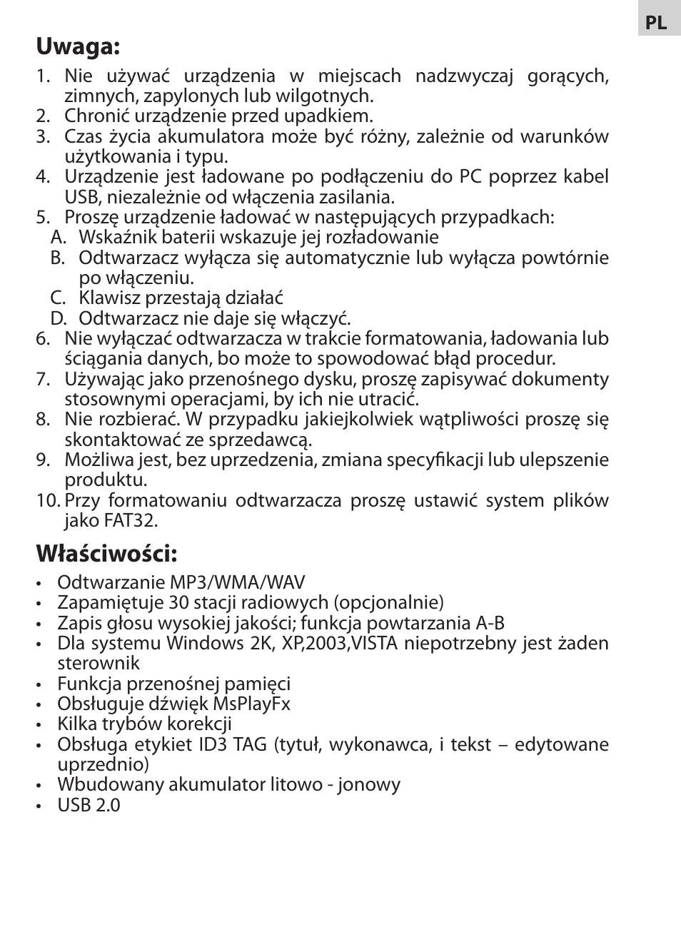 Uwaga, Właściwości | Acme V-130 User Manual | Page 69 / 88
