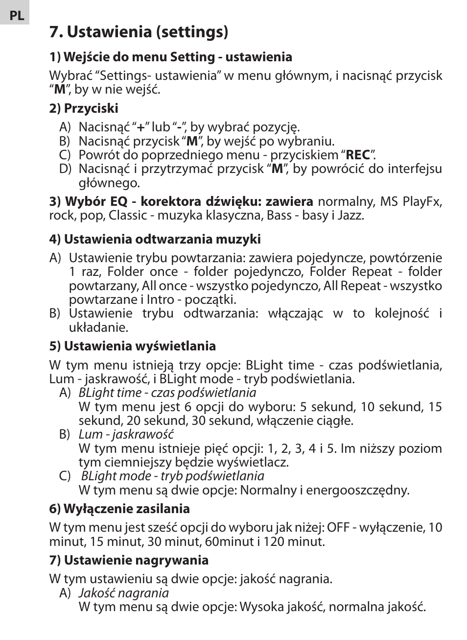 Ustawienia (settings) | Acme V-130 User Manual | Page 74 / 88