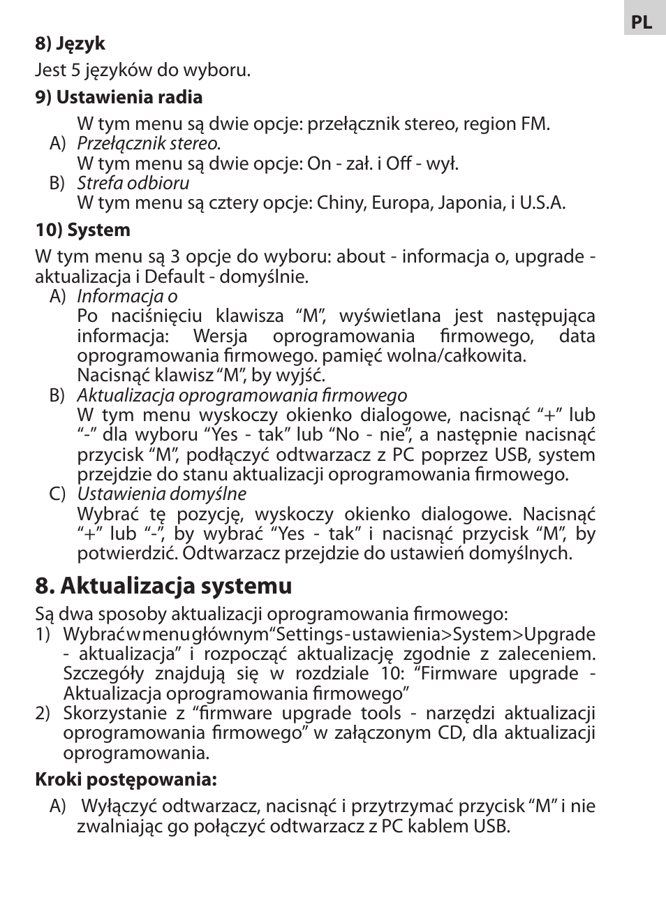 Aktualizacja systemu | Acme V-130 User Manual | Page 75 / 88