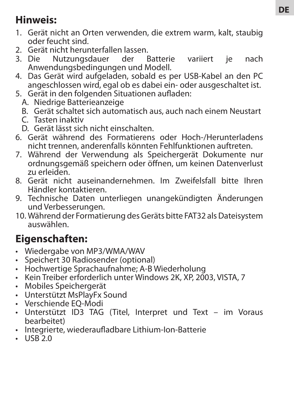 Hinweis, Eigenschaften | Acme V-130 User Manual | Page 79 / 88