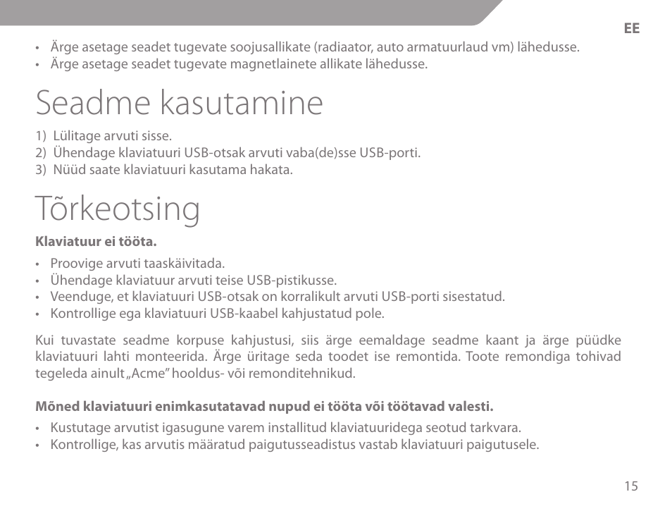 Seadme kasutamine, Tõrkeotsing | Acme KM-03 User Manual | Page 15 / 60