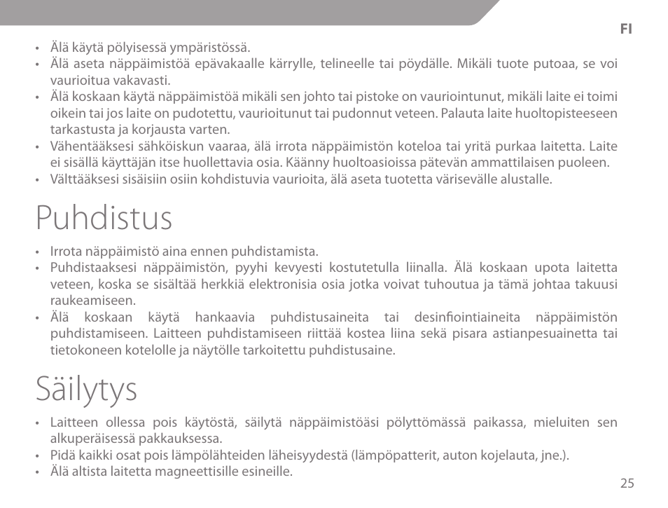 Puhdistus, Säilytys | Acme KM-03 User Manual | Page 25 / 60