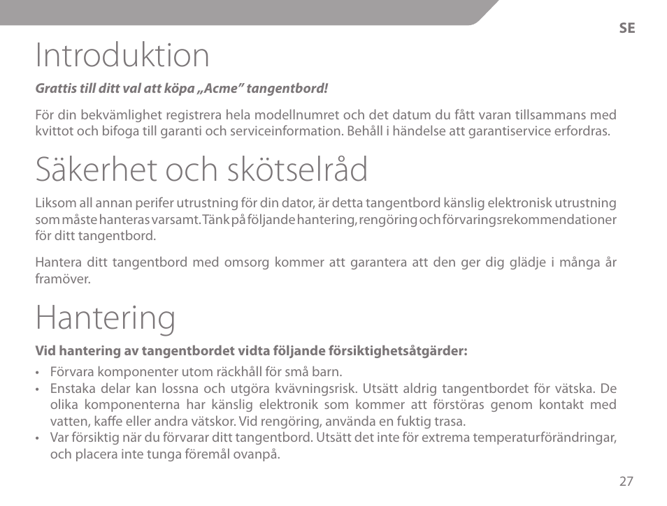 Introduktion, Säkerhet och skötselråd, Hantering | Acme KM-03 User Manual | Page 27 / 60