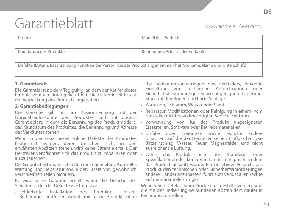 Garantieblatt | Acme KM-03 User Manual | Page 51 / 60
