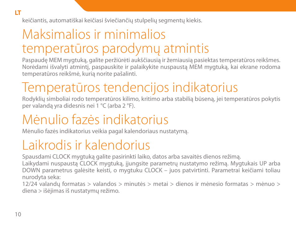 Temperatūros tendencijos indikatorius, Mėnulio fazės indikatorius, Laikrodis ir kalendorius | Acme WW01 User Manual | Page 10 / 48