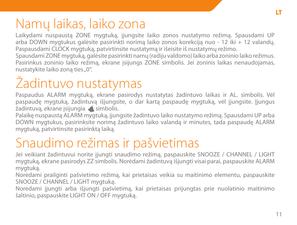Namų laikas, laiko zona, Žadintuvo nustatymas, Snaudimo režimas ir pašvietimas | Acme WW01 User Manual | Page 11 / 48