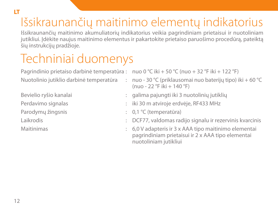 Techniniai duomenys, Išsikraunančių maitinimo elementų indikatorius | Acme WW01 User Manual | Page 12 / 48