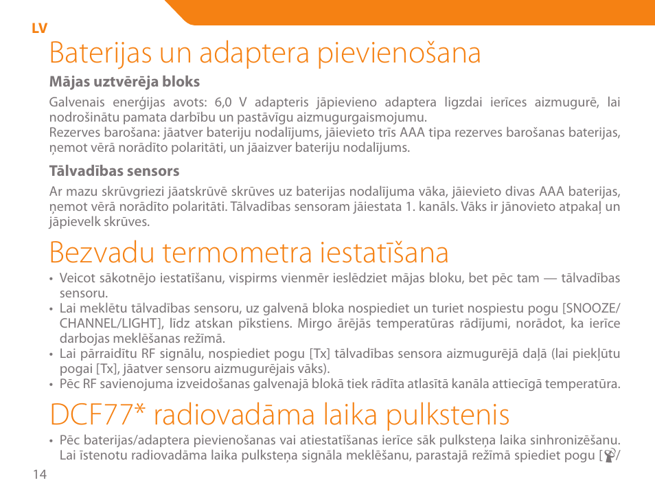 Baterijas un adaptera pievienošana, Bezvadu termometra iestatīšana, Dcf77* radiovadāma laika pulkstenis | Acme WW01 User Manual | Page 14 / 48