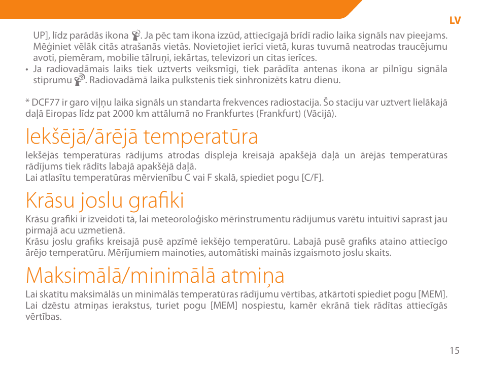 Iekšējā/ārējā temperatūra, Krāsu joslu grafiki, Maksimālā/minimālā atmiņa | Acme WW01 User Manual | Page 15 / 48