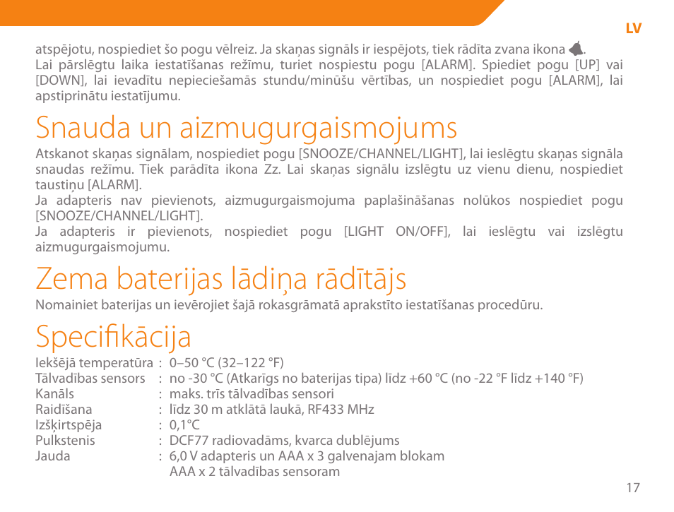 Snauda un aizmugurgaismojums, Zema baterijas lādiņa rādītājs, Specifikācija | Acme WW01 User Manual | Page 17 / 48