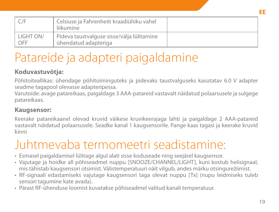 Patareide ja adapteri paigaldamine, Juhtmevaba termomeetri seadistamine | Acme WW01 User Manual | Page 19 / 48
